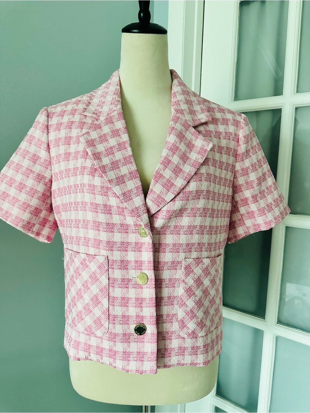 Nine West Pink Check Tweed Short Sleeve Blazer
